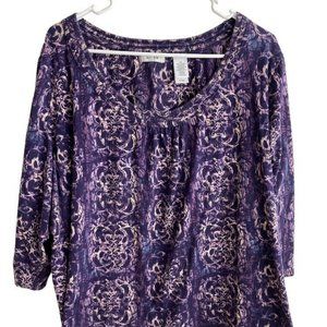 Liz & Co Womans Top Sz 2X 100% Cotton 3/4 Sleeves Purple Print